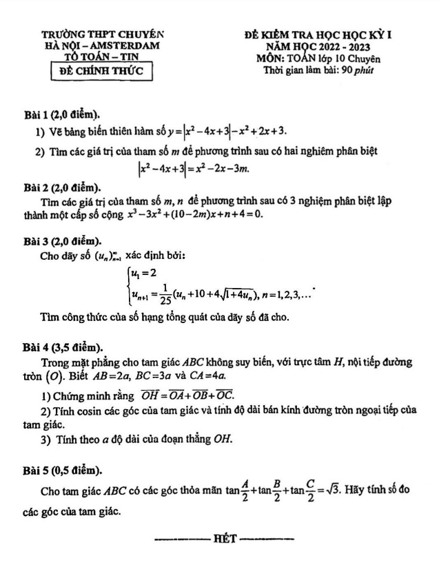 đề học kỳ 1 toán 10 (chuyên) năm 2022 – 2023 trường chuyên hà nội – amsterdam