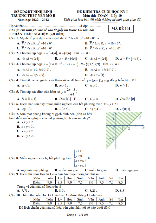 đề học kỳ 1 toán 10 năm 2022 – 2023 trường thpt yên mô b – ninh bình