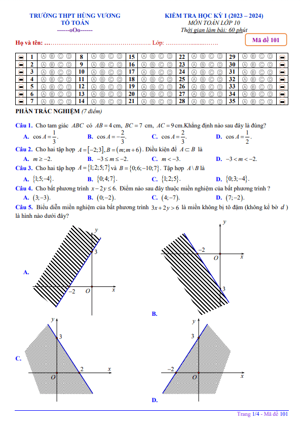đề học kỳ 1 toán 10 năm 2023 – 2024 trường thpt hùng vương – bình thuận