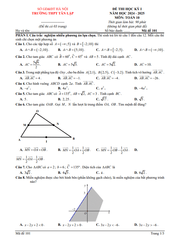 đề học kỳ 1 toán 10 năm 2024 – 2025 trường thpt tân lập – hà nội