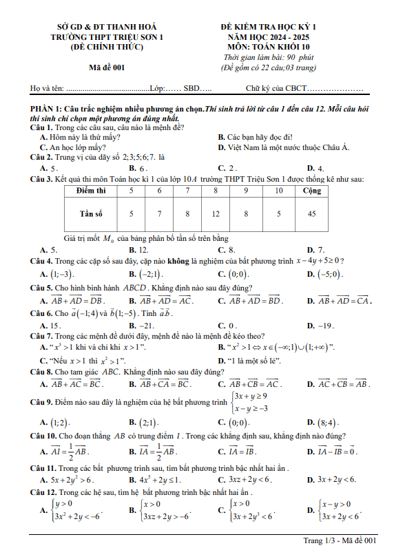đề học kỳ 1 toán 10 năm 2024 – 2025 trường thpt triệu sơn 1 – thanh hóa