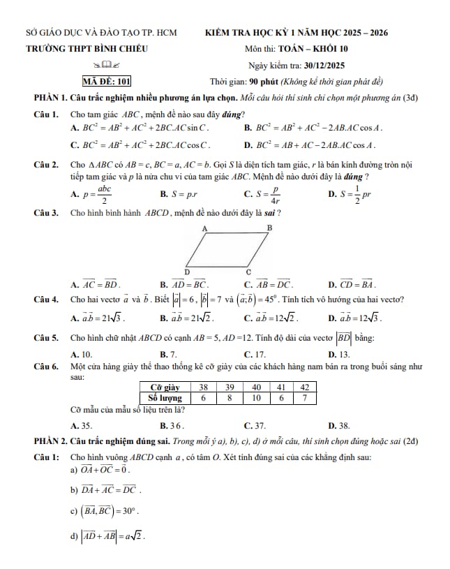 đề học kỳ 1 toán 10 năm 2025 – 2026 trường thpt bình chiểu – tp hcm