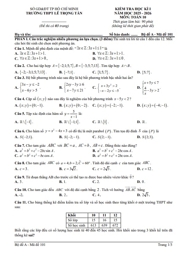 đề học kỳ 1 toán 10 năm 2025 – 2026 trường thpt lê trọng tấn – tp hcm