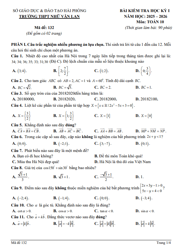 đề học kỳ 1 toán 10 năm 2025 – 2026 trường thpt nhữ văn lan – hải phòng