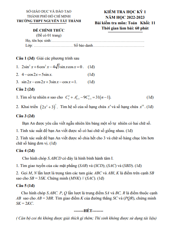 đề học kỳ 1 toán 11 năm 2022 – 2023 trường thpt nguyễn tất thành – tp hcm