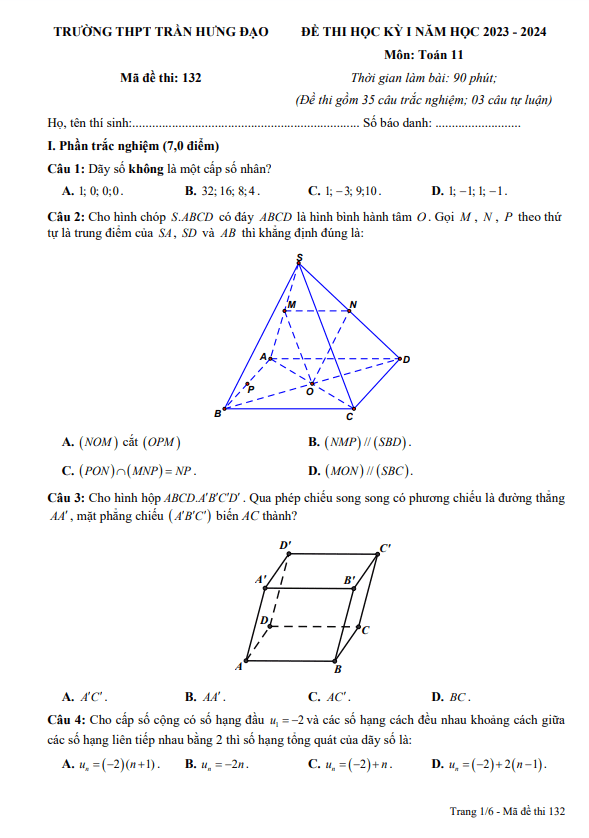 đề học kỳ 1 toán 11 năm 2023 – 2024 trường thpt trần hưng đạo – ninh bình