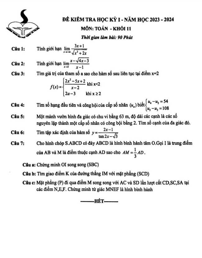 đề học kỳ 1 toán 11 năm 2023 – 2024 trường thpt võ thị sáu – tp hcm