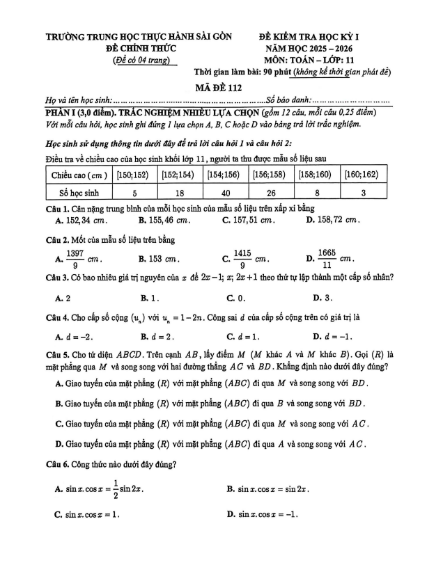 đề học kỳ 1 toán 11 năm 2025 – 2026 trường th thực hành sài gòn – tp hcm