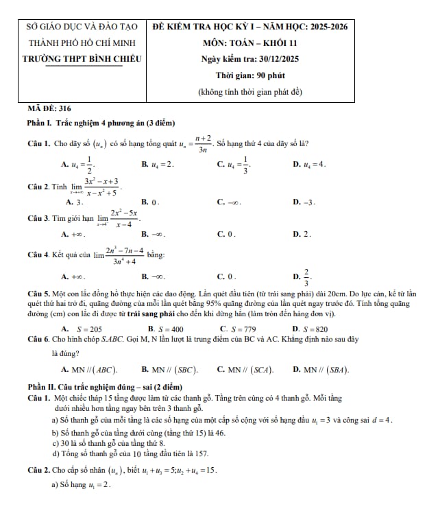 đề học kỳ 1 toán 11 năm 2025 – 2026 trường thpt bình chiểu – tp hcm