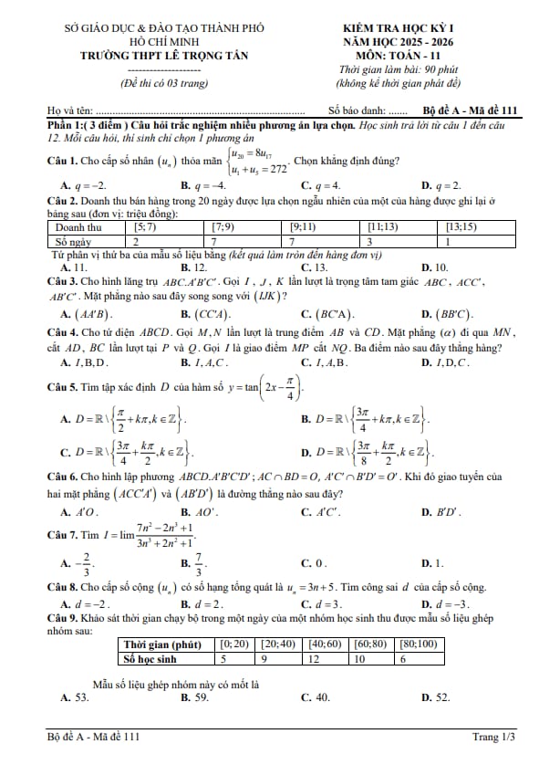 đề học kỳ 1 toán 11 năm 2025 – 2026 trường thpt lê trọng tấn – tp hcm
