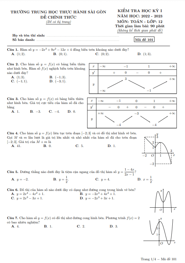 đề học kỳ 1 toán 12 năm 2022 – 2023 trường th thực hành sài gòn – tp hcm