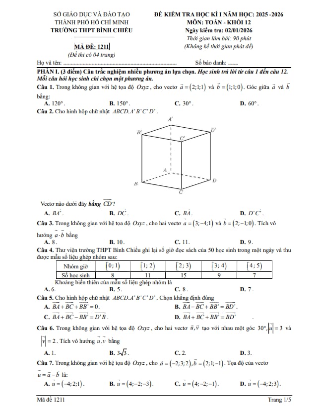 đề học kỳ 1 toán 12 năm 2025 – 2026 trường thpt bình chiểu – tp hcm
