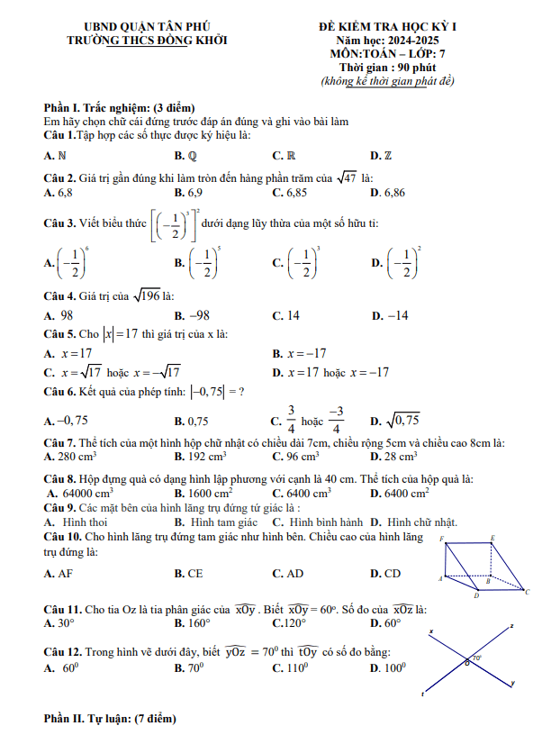 đề học kỳ 1 toán 7 năm 2024 – 2025 trường thcs đồng khởi – tp hcm