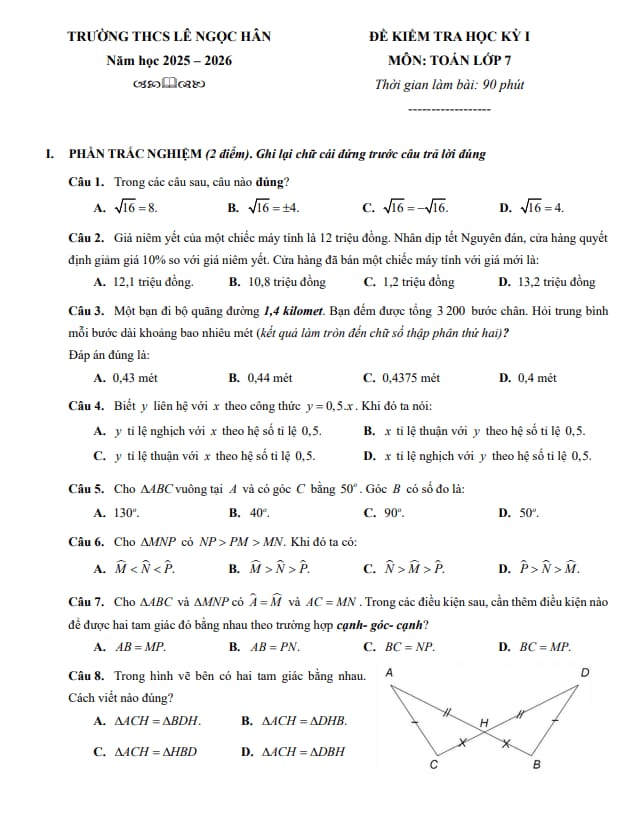 đề học kỳ 1 toán 7 năm 2025 – 2026 trường thcs lê ngọc hân – hà nội