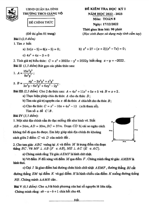 đề học kỳ 1 toán 8 năm 2022 – 2023 trường thcs giảng võ – hà nội