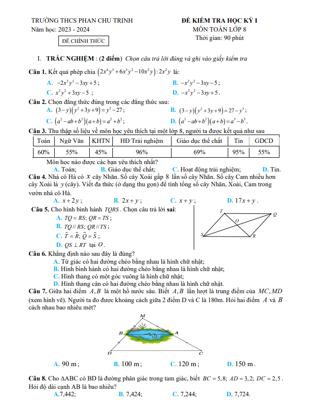 đề học kỳ 1 toán 8 năm 2023 – 2024 trường thcs phan chu trinh – hà nội