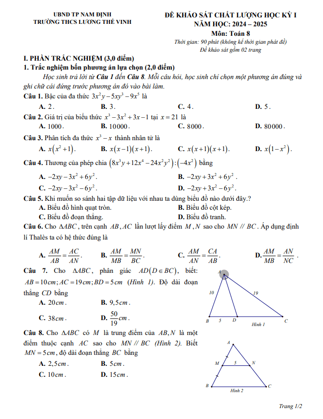 đề học kỳ 1 toán 8 năm 2024 – 2025 trường thcs lương thế vinh – nam định