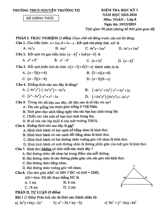 đề học kỳ 1 toán 8 năm 2025 – 2026 trường thcs nguyễn trường tộ – hà nội