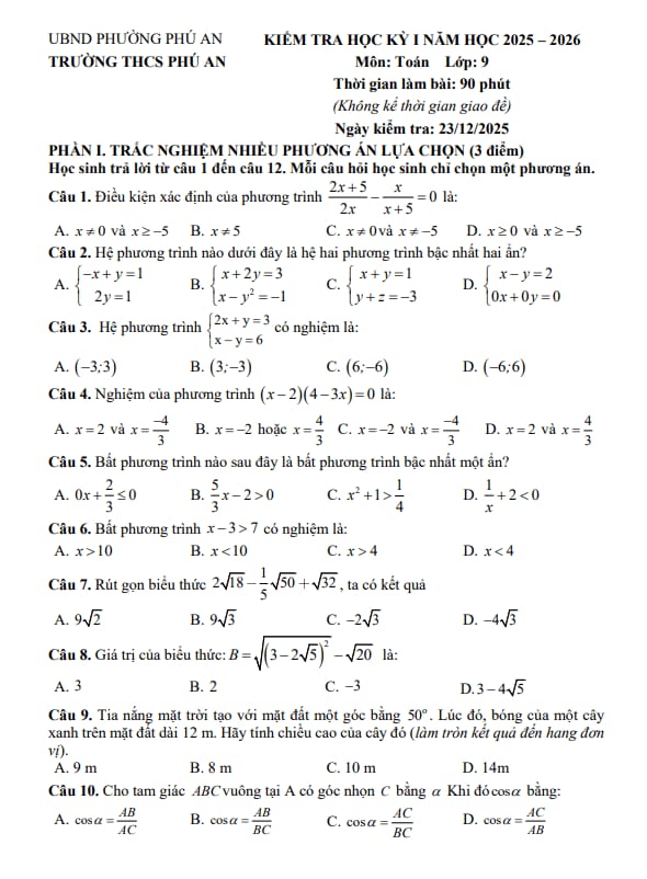 đề học kỳ 1 toán 9 năm 2025 – 2026 trường thcs phú an – tp hcm