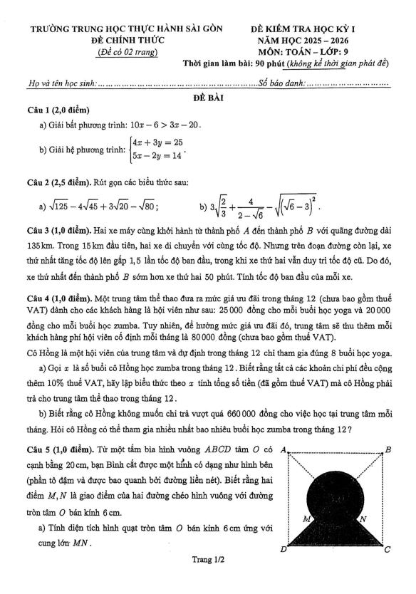 đề học kỳ 1 toán 9 năm 2025 – 2026 trường thực hành sài gòn – tp hcm