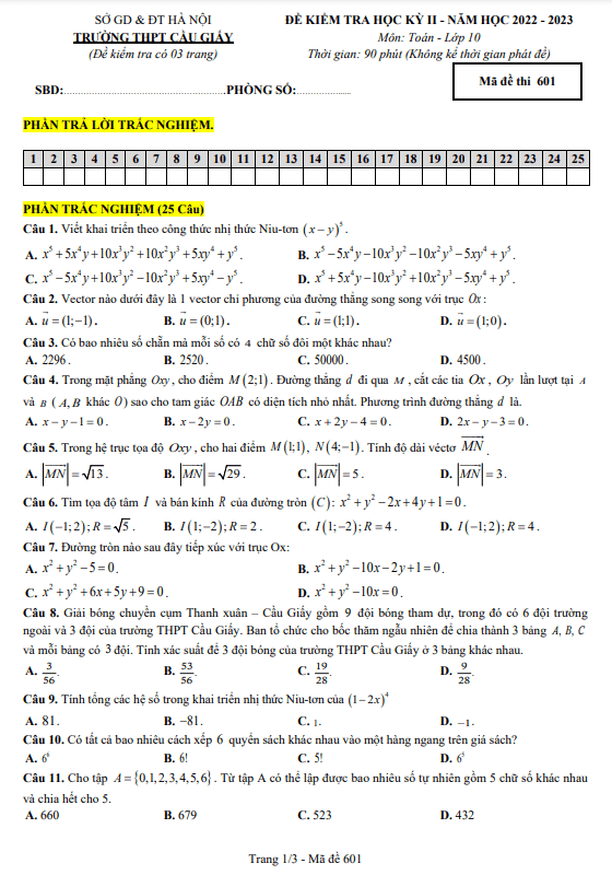 đề học kỳ 2 toán 10 năm 2022 – 2023 trường thpt cầu giấy – hà nội
