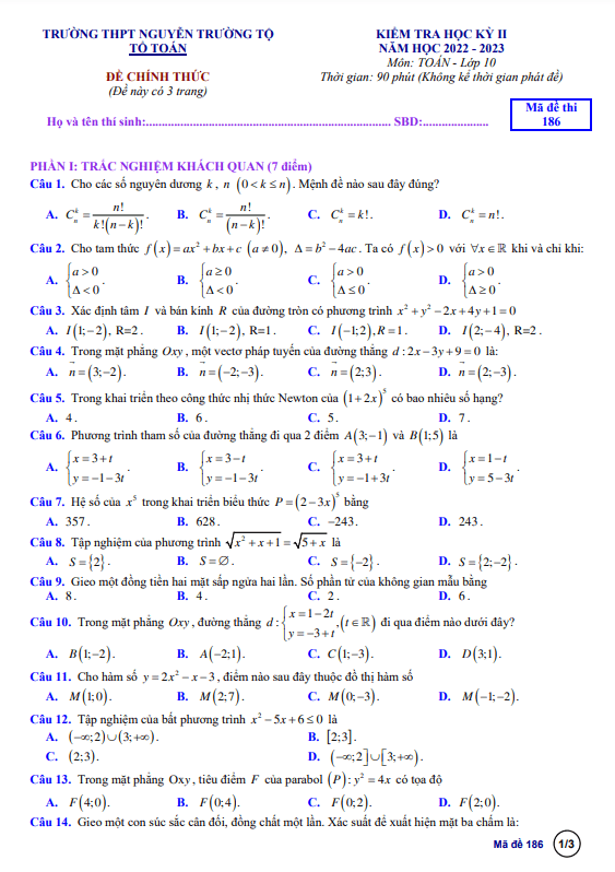 đề học kỳ 2 toán 10 năm 2022 – 2023 trường thpt nguyễn trường tộ – tt huế