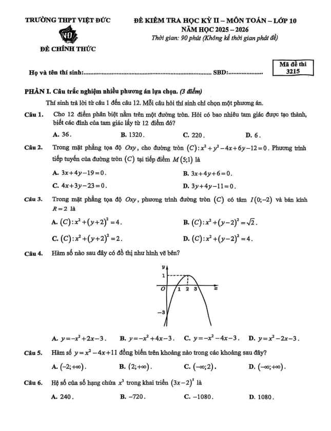 đề học kỳ 2 toán 10 năm 2025 – 2026 trường thpt việt đức – hà nội