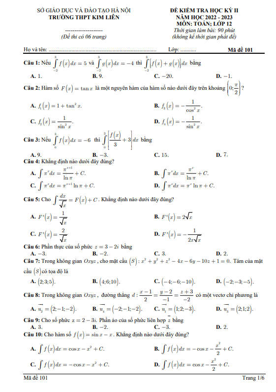 đề học kỳ 2 toán 12 năm 2022 – 2023 trường thpt kim liên – hà nội