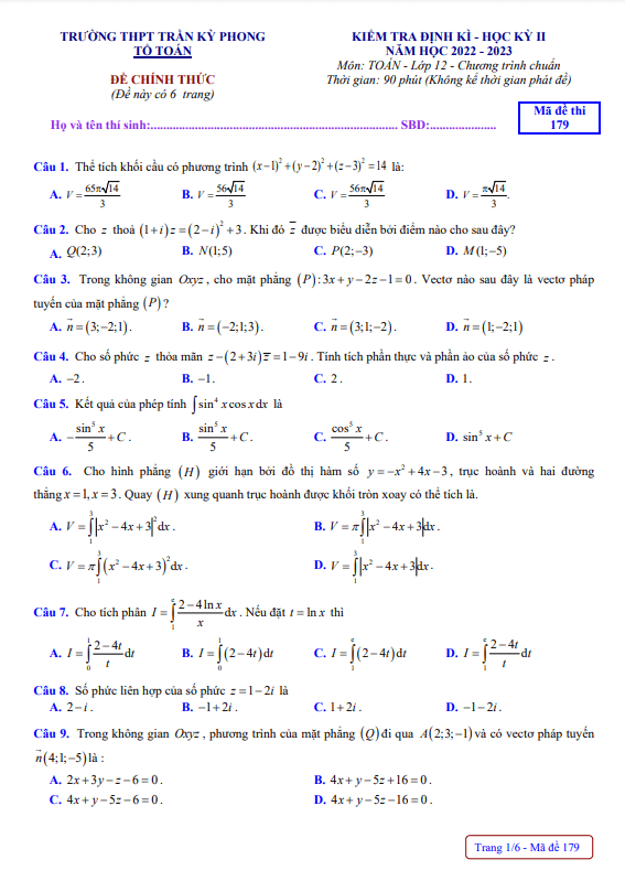 đề học kỳ 2 toán 12 năm 2022 – 2023 trường thpt trần kỳ phong – quảng ngãi