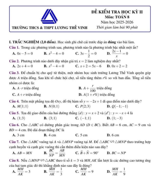 đề học kỳ 2 toán 8 năm 2025 – 2026 trường lương thế vinh – hà nội