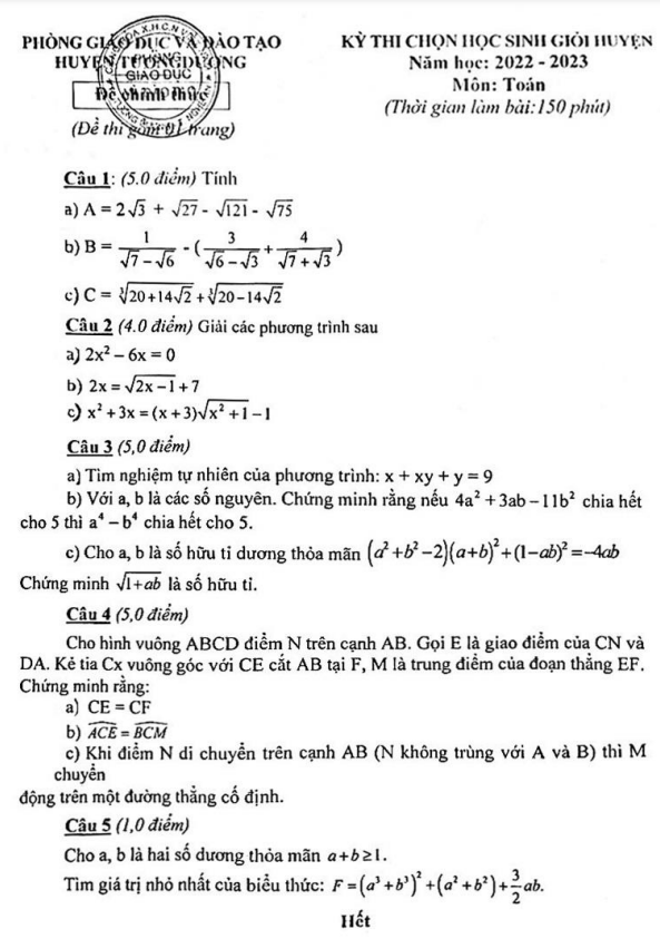 đề học sinh giỏi huyện toán 9 năm 2022 – 2023 phòng gd&đt tương dương – nghệ an