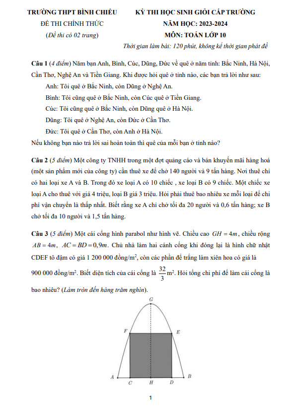 đề học sinh giỏi toán 10 năm 2023 – 2024 trường thpt bình chiểu – tp hcm
