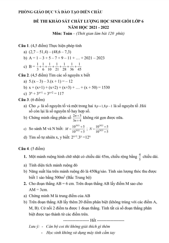 đề học sinh giỏi toán 6 năm 2021 – 2022 phòng gd&đt diễn châu – nghệ an