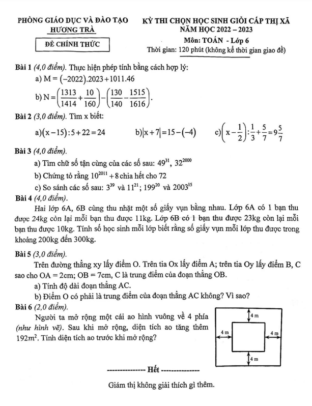 đề học sinh giỏi toán 6 năm 2022 – 2023 phòng gd&đt hương trà – tt huế
