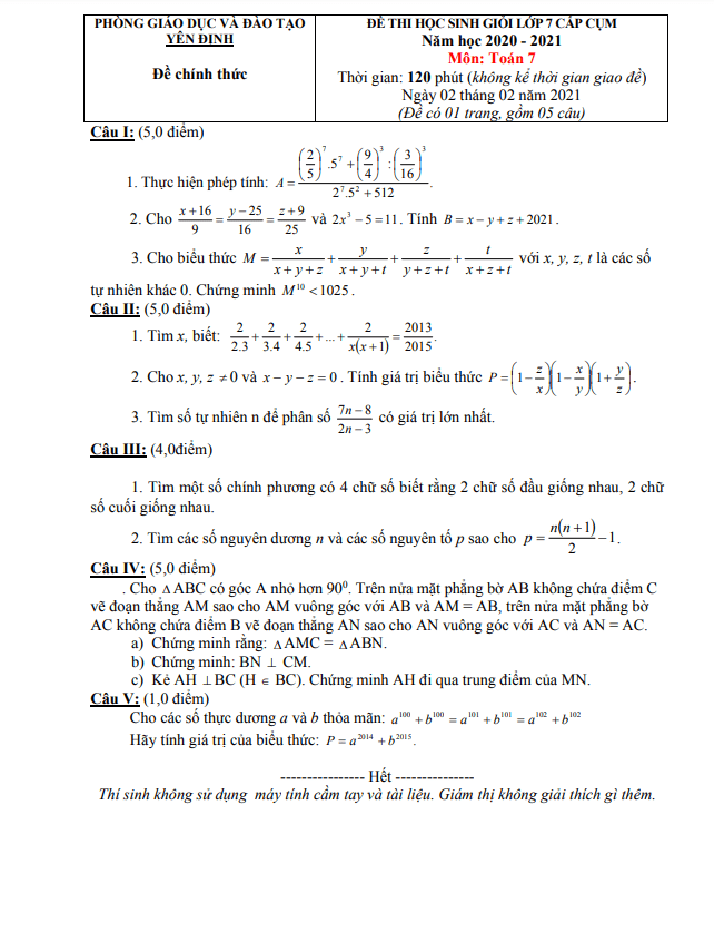 đề học sinh giỏi toán 7 năm 2020 – 2021 phòng gd&đt yên định – thanh hóa