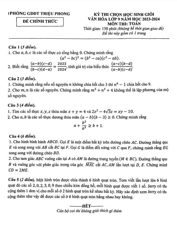 đề học sinh giỏi toán 9 năm 2023 – 2024 phòng gd&đt triệu phong – quảng trị