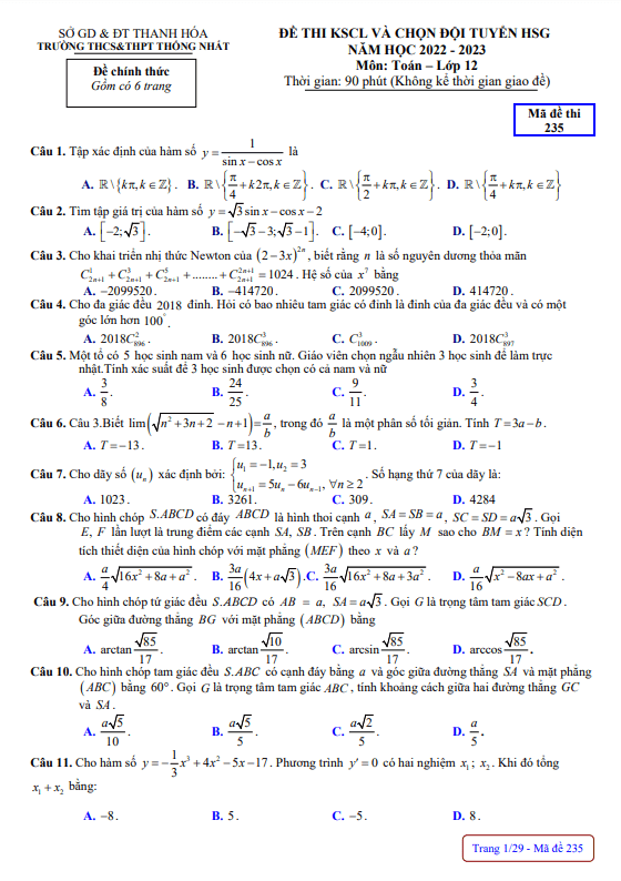 đề hsg toán 12 năm 2022 – 2023 trường thcs & thpt thống nhất – thanh hóa