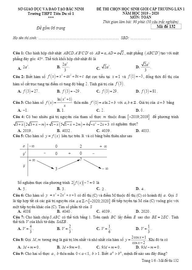 đề hsg toán cấp trường lần 1 năm 2019 – 2020 trường tiên du 1 – bắc ninh