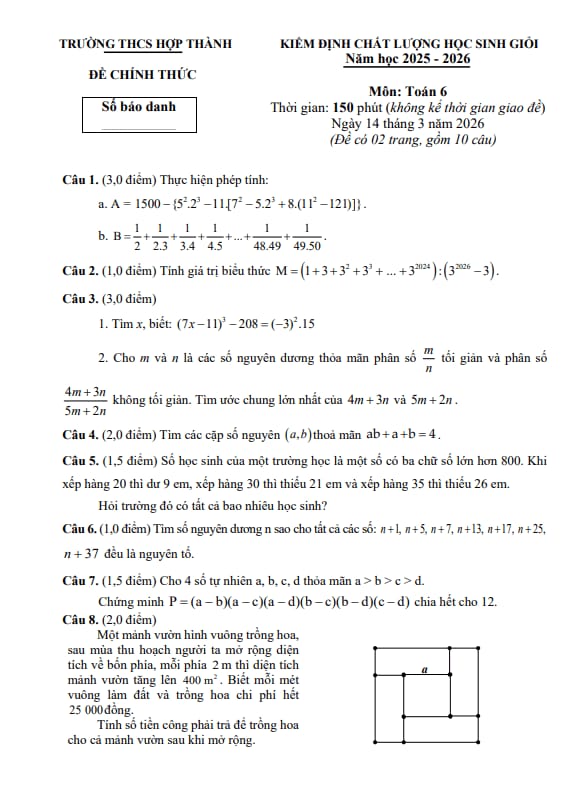 đề kđcl học sinh giỏi toán 6 năm 2025 – 2026 trường thcs hợp thành – thanh hóa