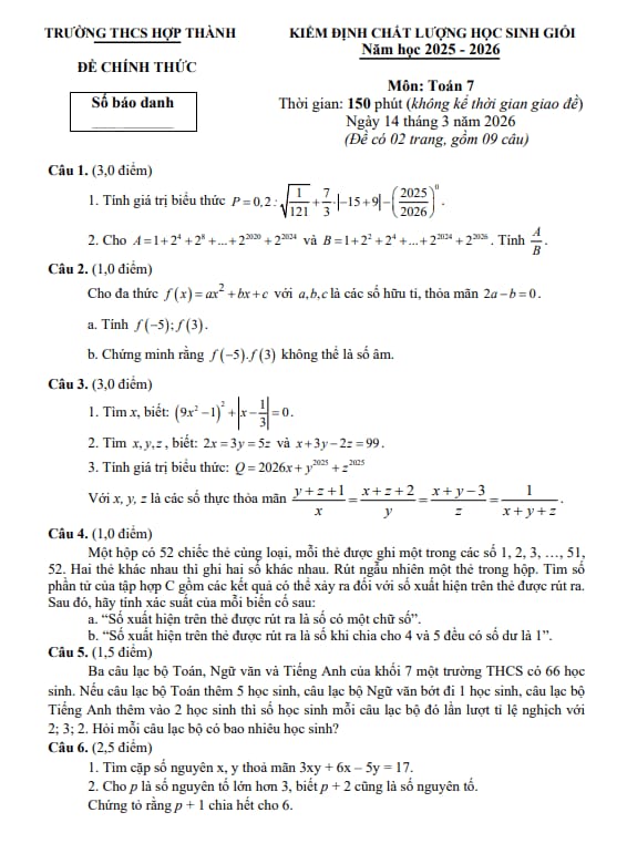 đề kđcl học sinh giỏi toán 7 năm 2025 – 2026 trường thcs hợp thành – thanh hóa