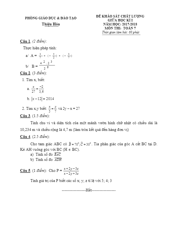 đề khảo sát chất lượng giữa hki năm học 2017 – 2018 môn toán 7 phòng gd và đt thiệu hóa – thanh hóa