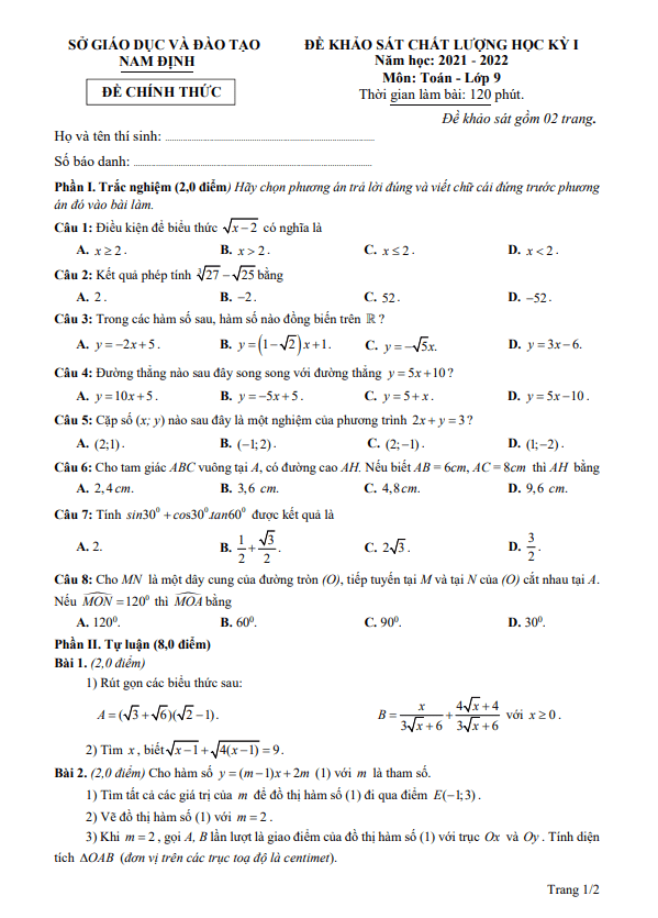 đề khảo sát chất lượng học kỳ 1 toán 9 năm 2021 – 2022 sở gd&đt nam định