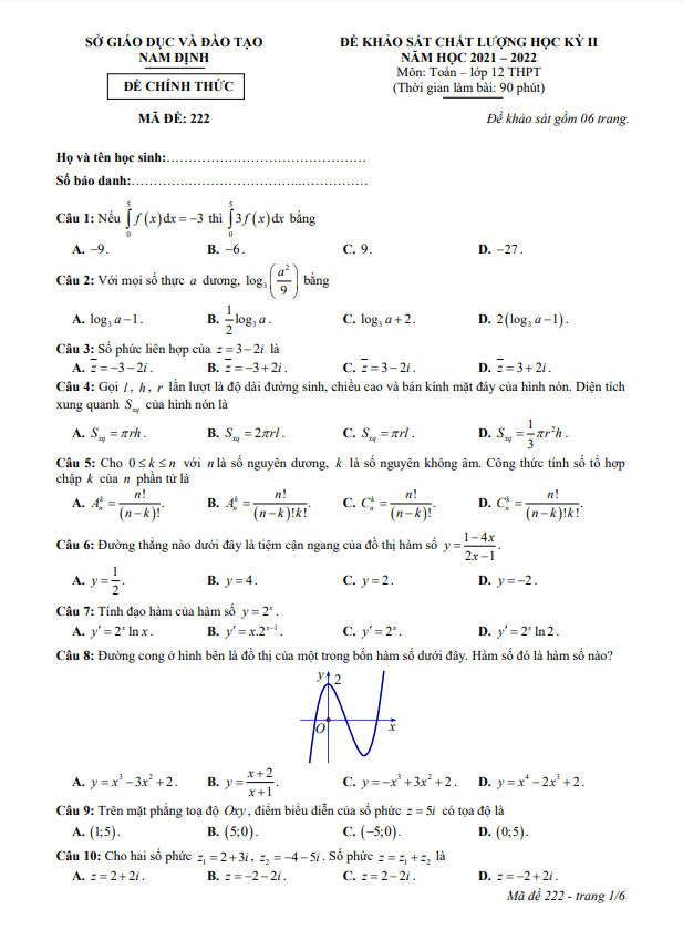 đề khảo sát chất lượng học kỳ 2 toán 12 năm 2021 – 2022 sở gd&đt nam định