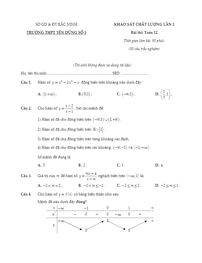 đề khảo sát chất lượng lần 1 bài thi toán 12 trường thpt yên dũng 3 – bắc giang