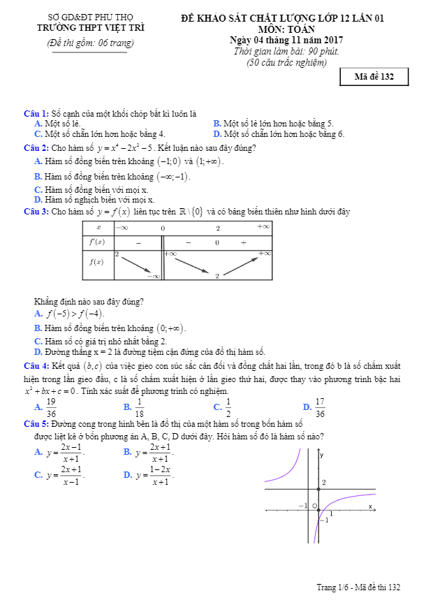 đề khảo sát chất lượng lớp 12 lần 1 môn toán trường thpt việt trì – phú thọ