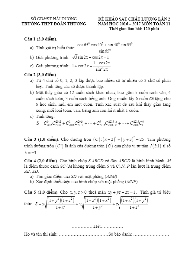 đề khảo sát chất lượng môn toán 11 trường đoàn thượng – hải dương lần 2