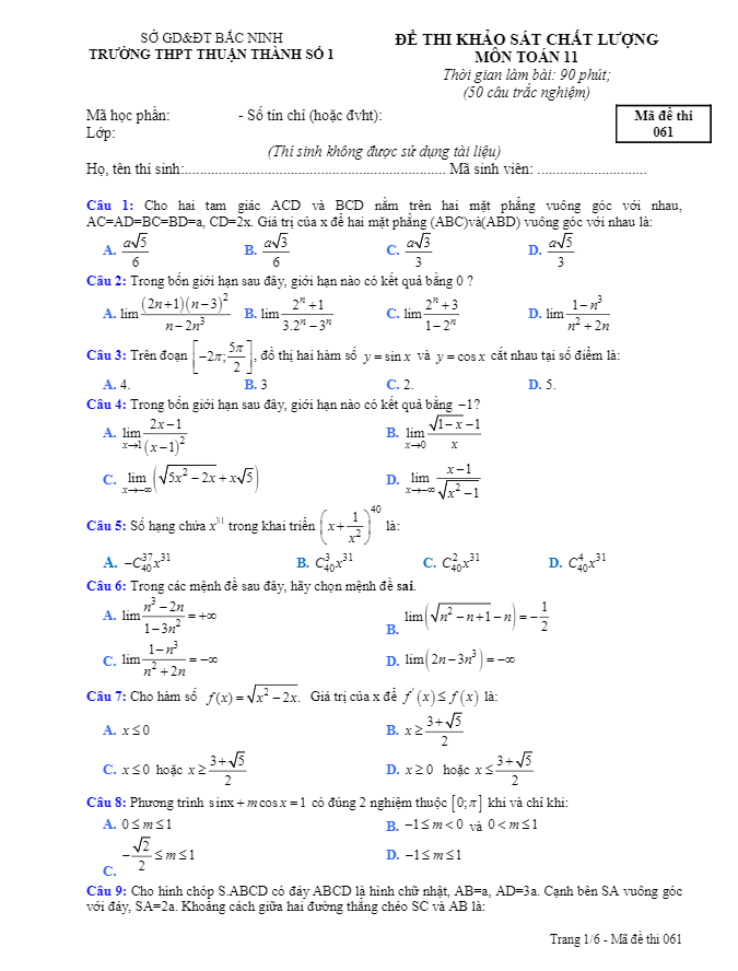 đề khảo sát chất lượng môn toán 11 trường thpt thuận thành 1 – bắc ninh