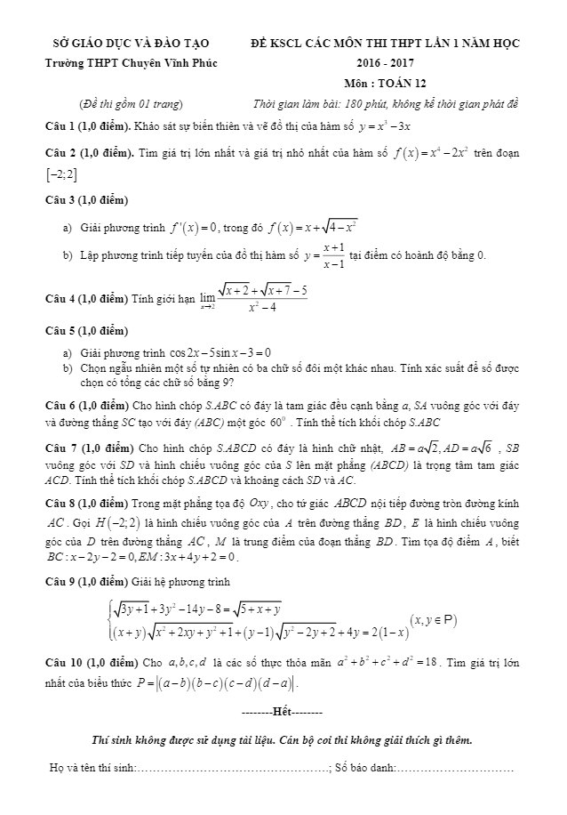 đề khảo sát chất lượng môn toán lớp 12 trường chuyên vĩnh phúc lần 1