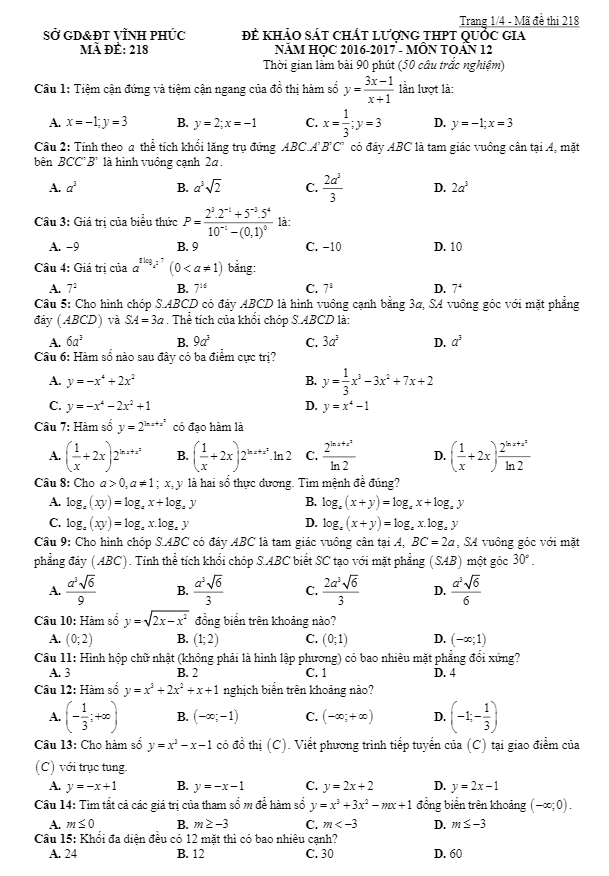 đề khảo sát chất lượng thpt quốc gia 2017 môn toán sở gd và đt vĩnh phúc
