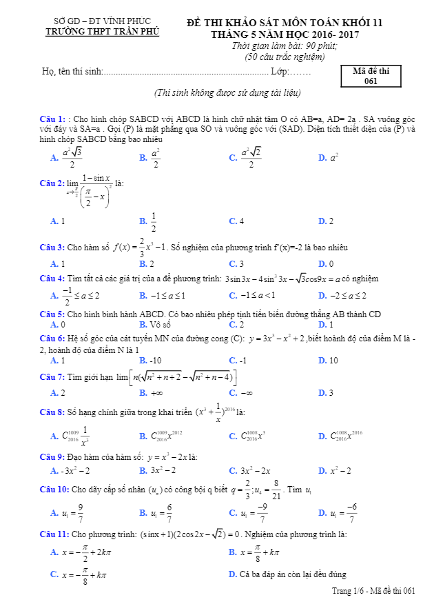 đề khảo sát chất lượng toán 11 tháng 5 năm học 2016 – 2017 trường trần phú, yên lạc – vĩnh phúc